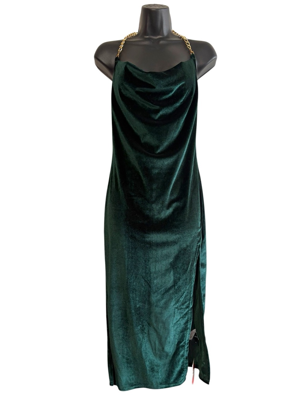 NEW Cider Size Medium Emerald Green Velour Gold Chain Neck Midi Dress Formal